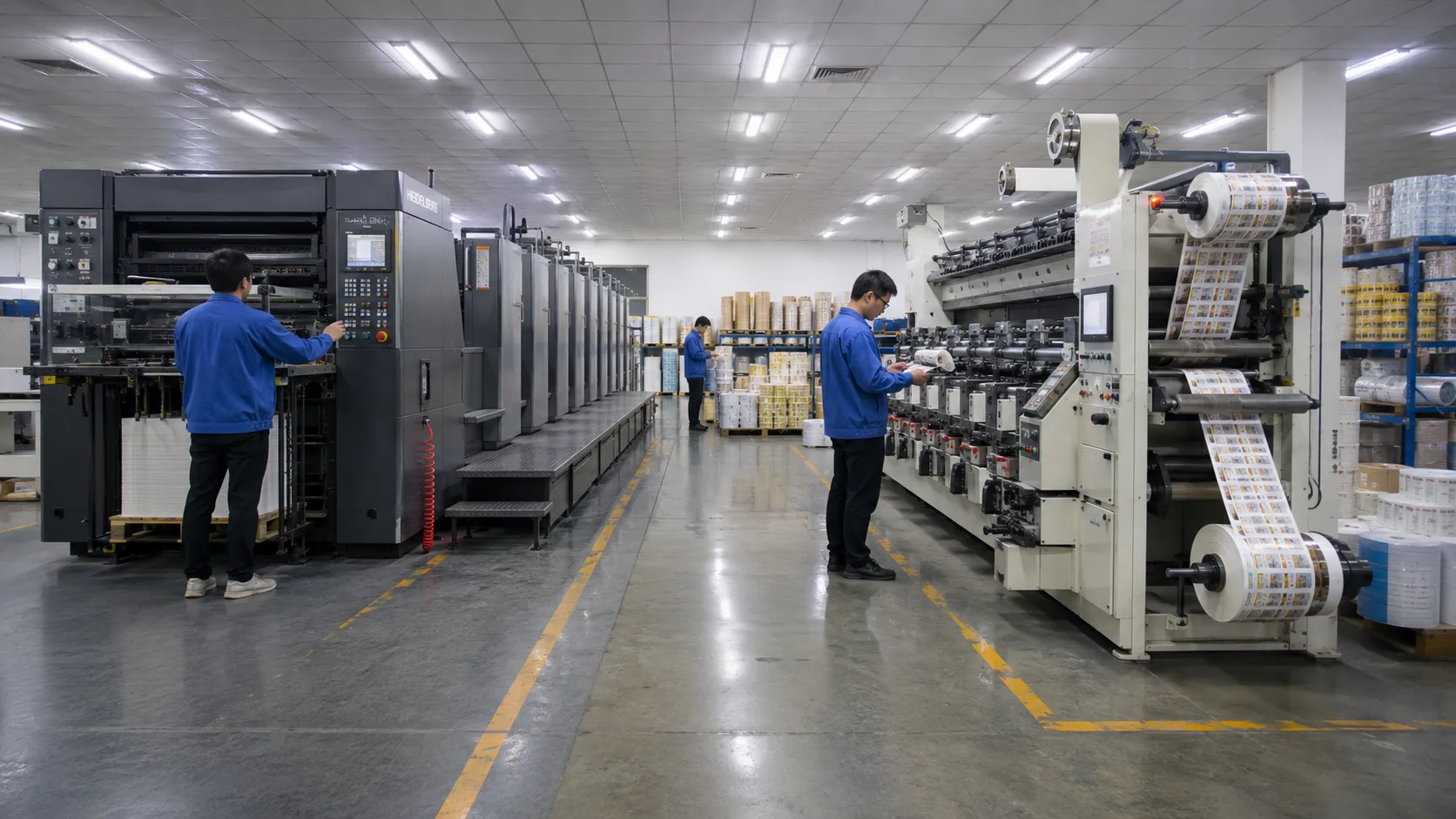 Wide angle industrial label printing factory floor with Heidelberg and flexographic presses in organized production