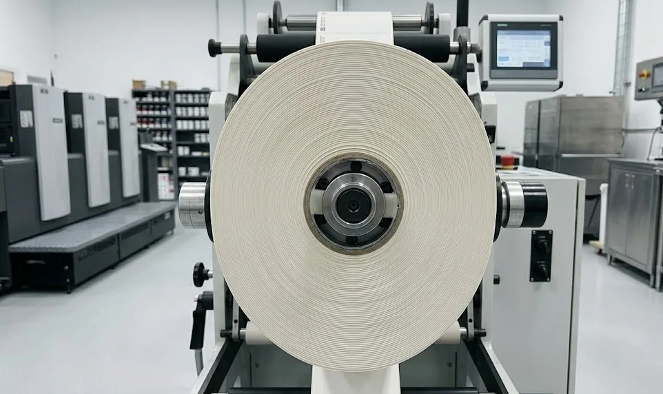 Technician calibrating optical sensor on automatic label applicator