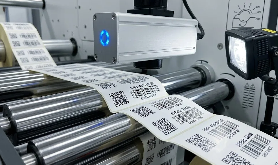 Inline CCD camera inspection checking high speed barcode labels