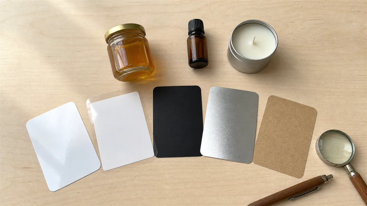 Small brand owner comparing custom label samples on desk