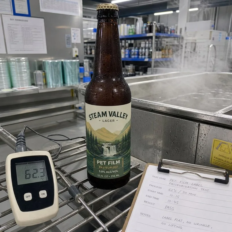 PET film label on pasteurized beer bottle