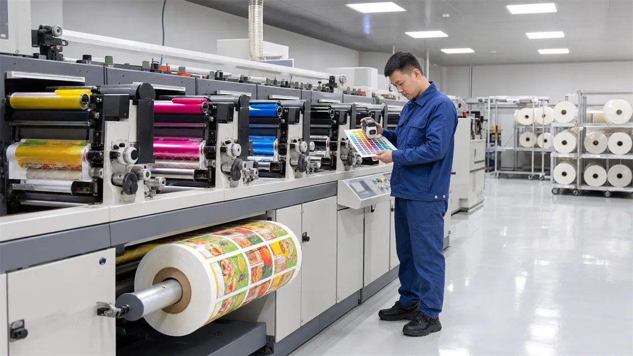 Production line printing custom roll labels with color calibration