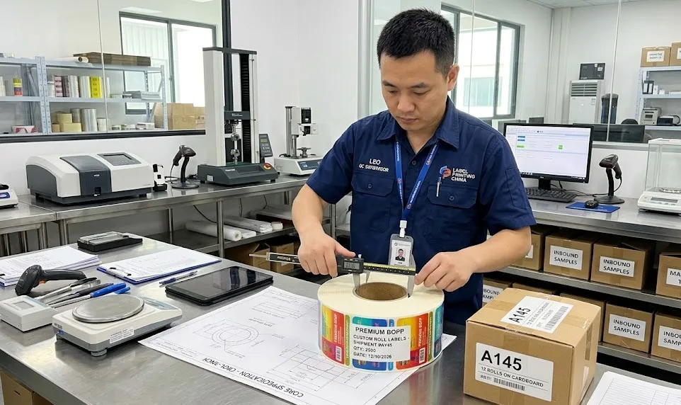 Quality control inspector measuring roll label core with caliper