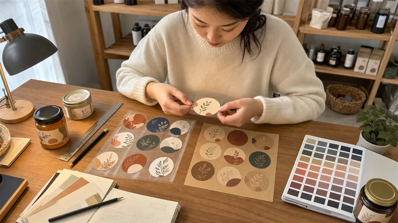Label material samples spread on light wooden desk