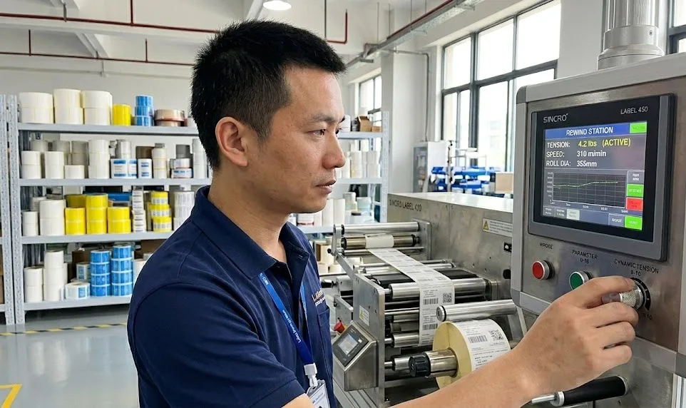 Technician calibrating dynamic tension on automated roll label rewinder
