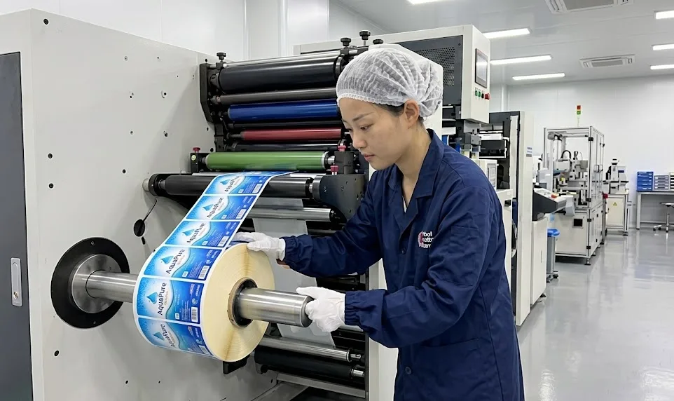 Technician loading label roll onto automatic applicator spindle