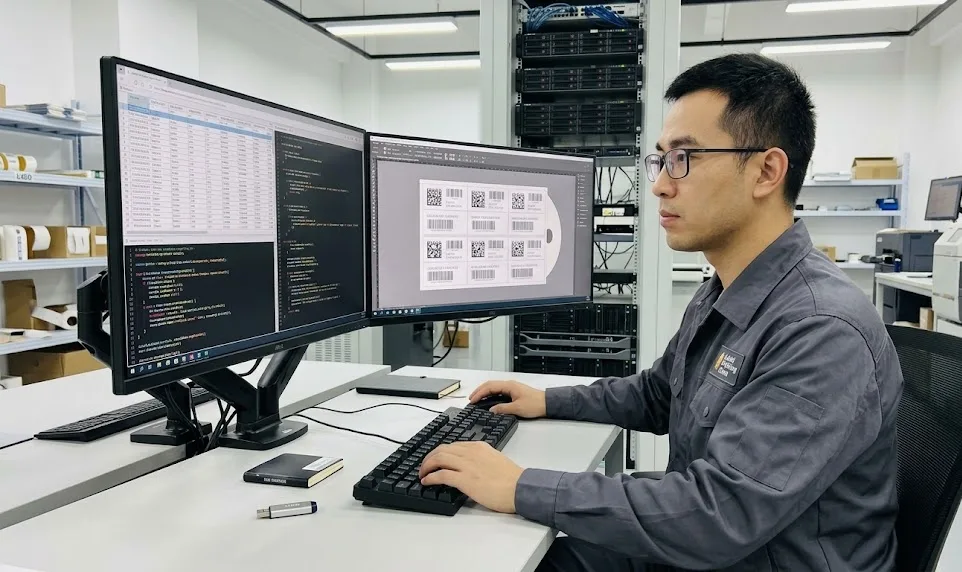 Engineer testing label release force on industrial core