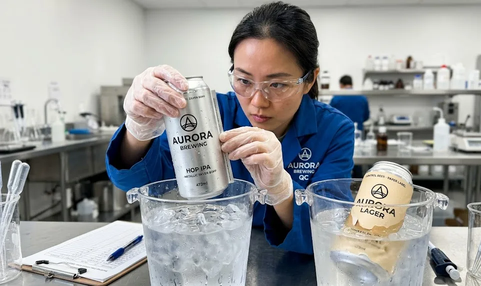 beer can label ice bucket test condensation water droplets intact BOPP label