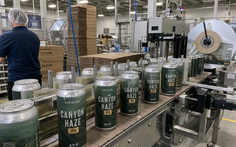 High-speed beer canning line with label applicator