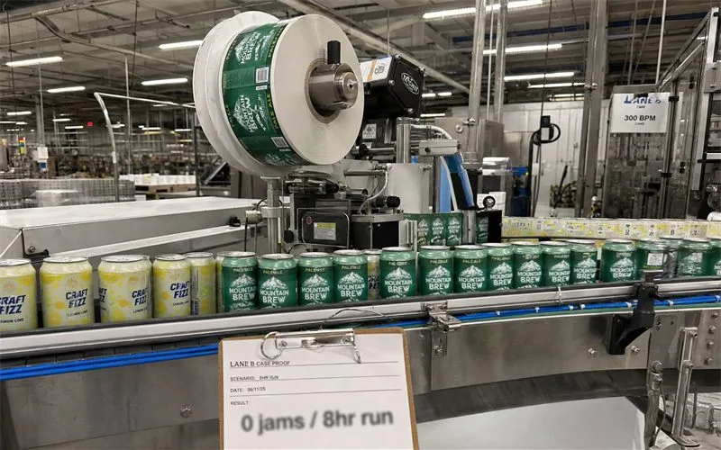 High-speed canning line running custom roll labels without stoppages