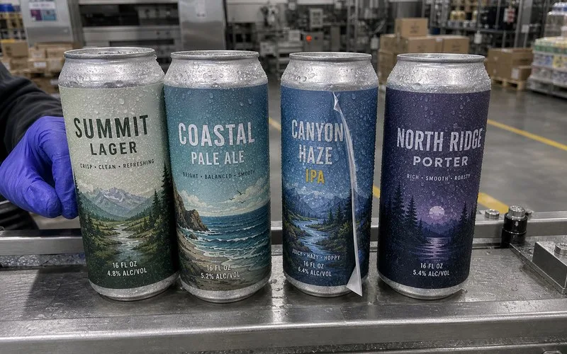 Condensation forming on cold aluminum beer cans with labels
