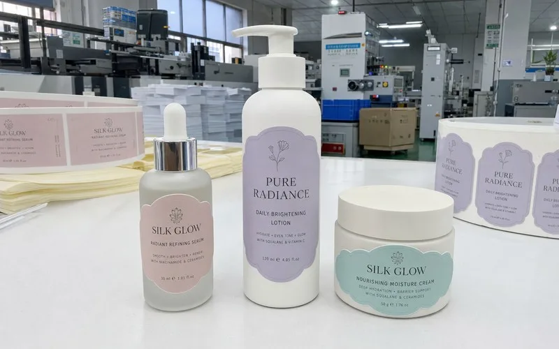 Contour-cut cosmetic die cut labels on tubes and jars