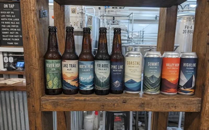 Custom labels on craft beer bottles in brewery tasting room