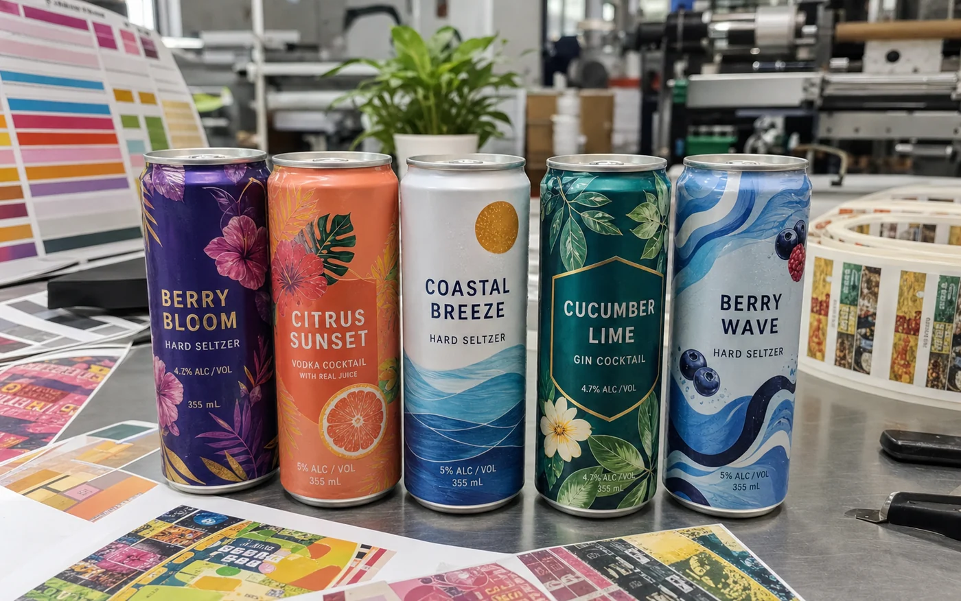 Hard seltzer and RTD cocktail cans with vivid custom labels photographed on a label factory sample table