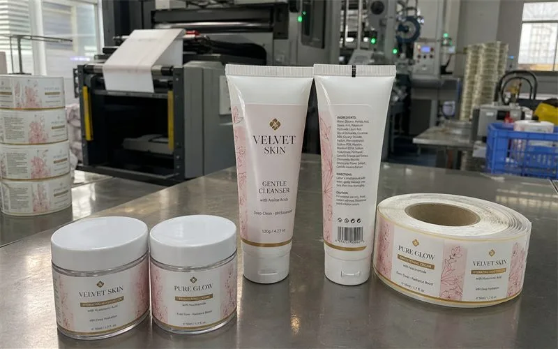 Custom roll labels on cosmetic jars and squeeze tubes