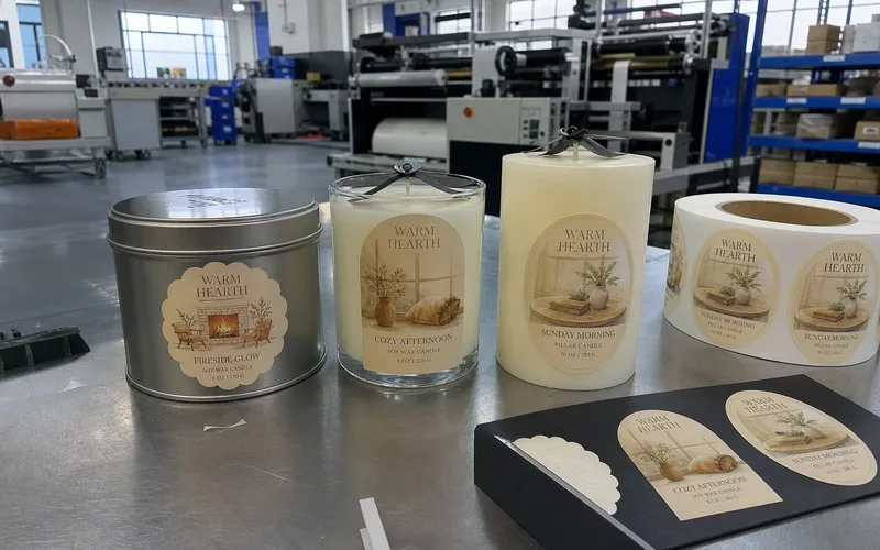 Custom shaped die cut labels on candle containers