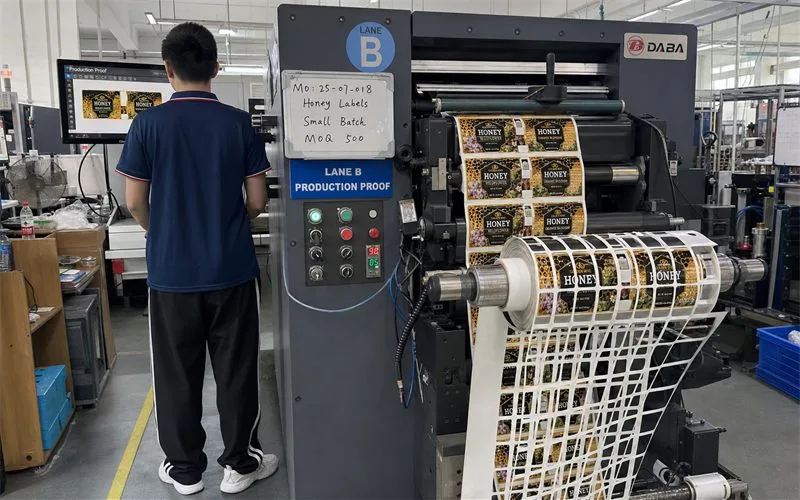 Flexographic and digital presses printing custom roll labels in Shenzhen factory