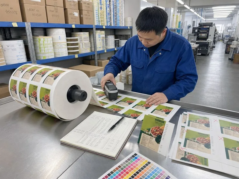 Quality control inspection of custom food label rolls in factory