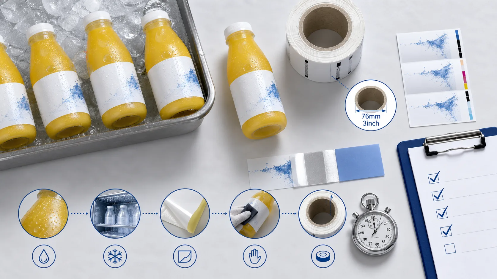 Sample approval checklist for condensation proof juice bottle labels and roll specifications