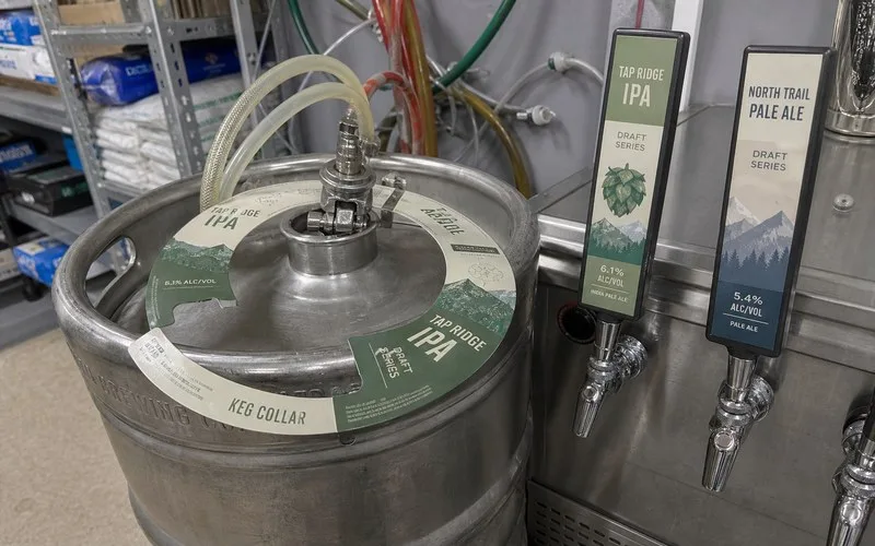 Keg collar and tap handle labels for draft beer