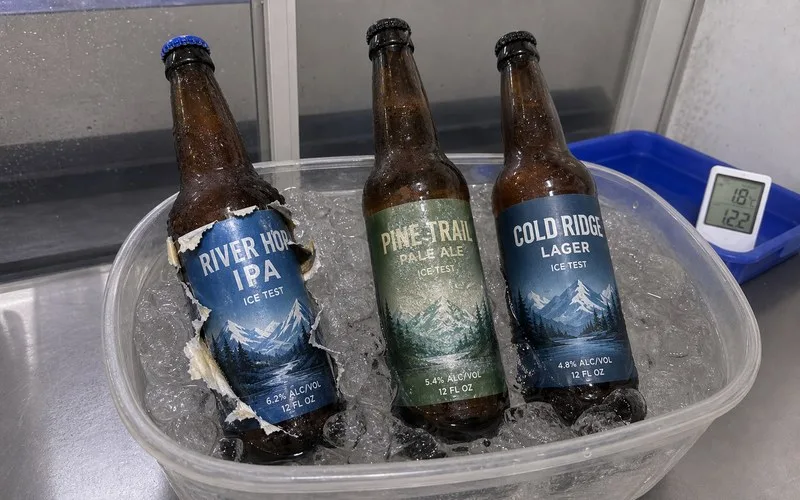 Beer label peeling off bottle submerged in ice bucket