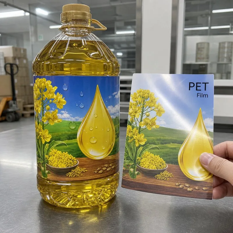 PET film label on cooking oil bottle