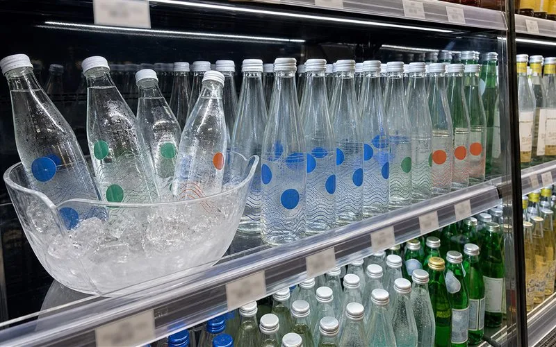 Sparkling water bottle labels retail shelf