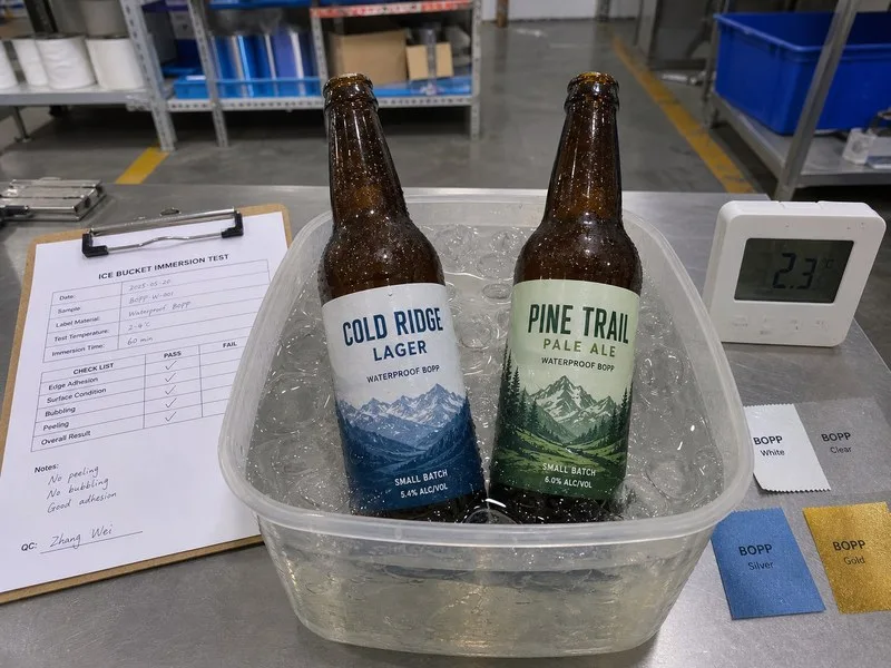 Ice bucket immersion test for waterproof beer labels
