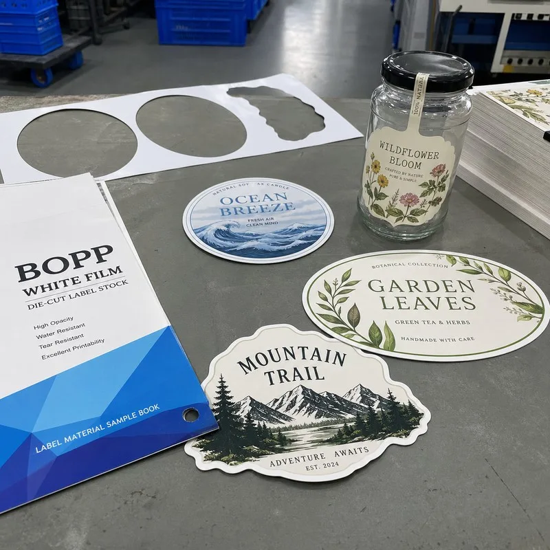 White BOPP custom die cut labels on product containers