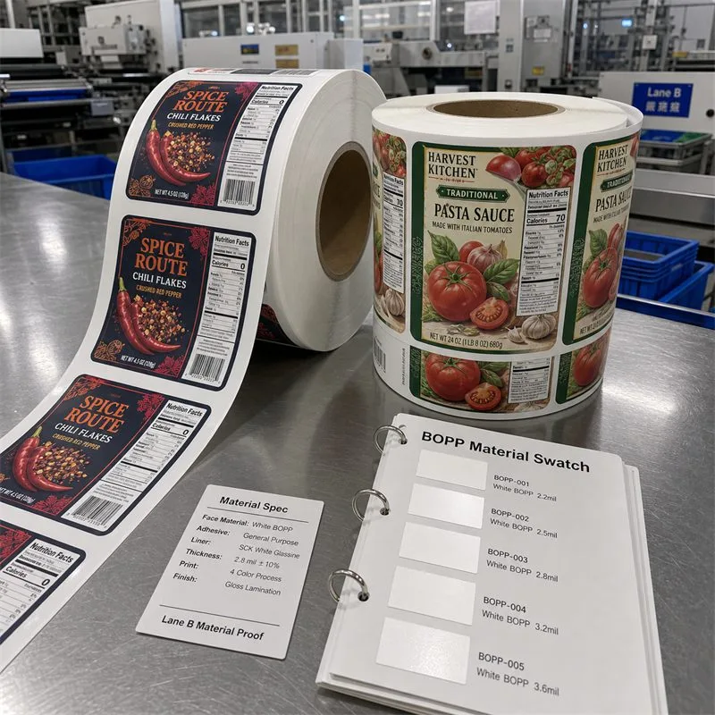White BOPP roll labels on food packaging line