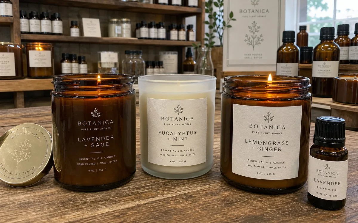 Apothecary candle jars with clear and estate-paper labels