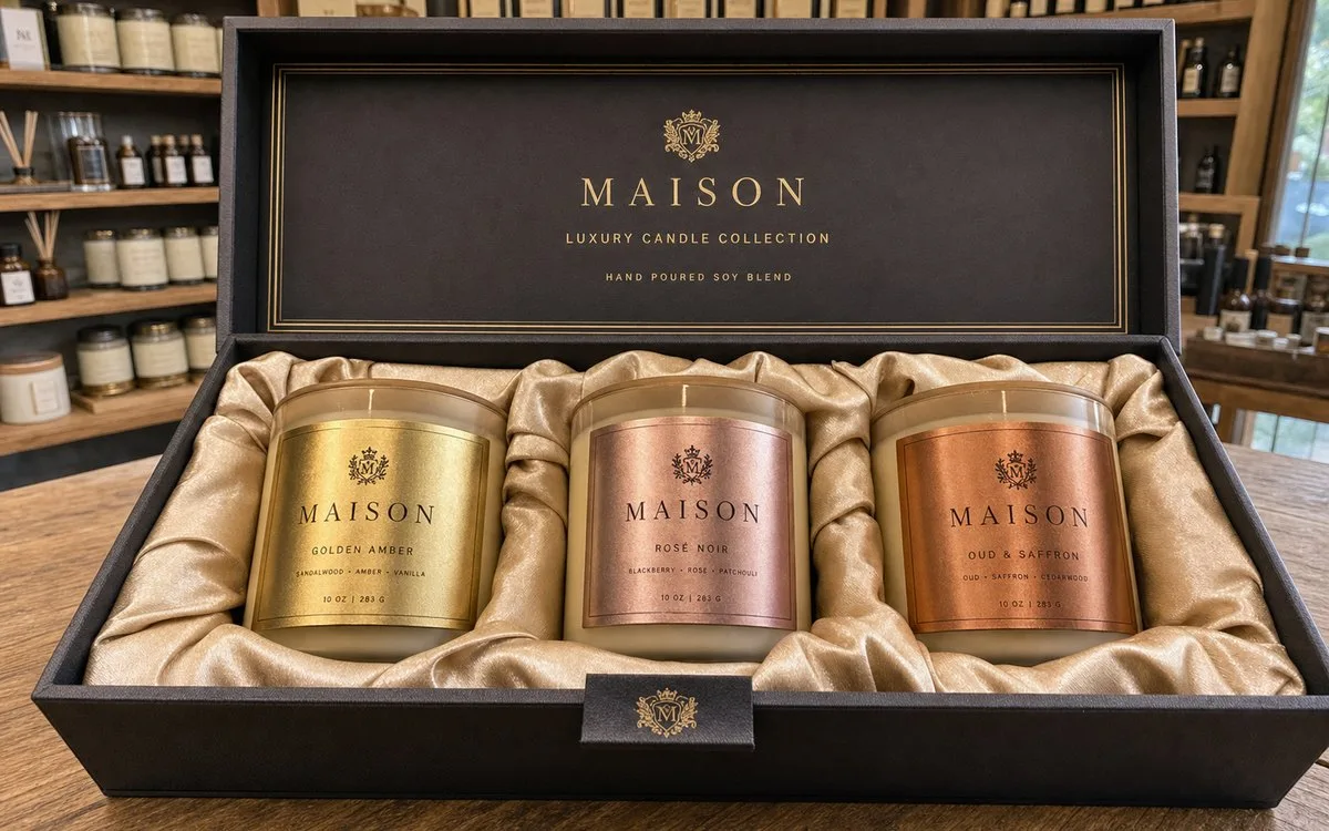 Luxury gift candles with metallic foil labels