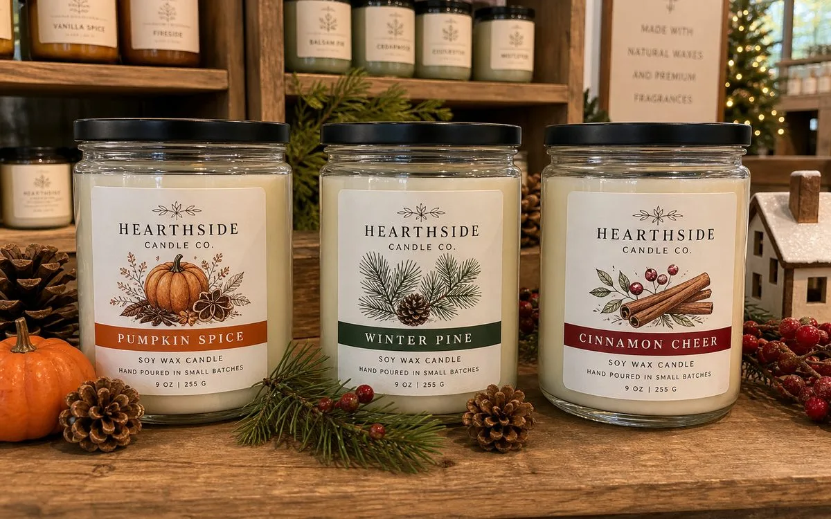Seasonal candle packaging labels for multi-pack products