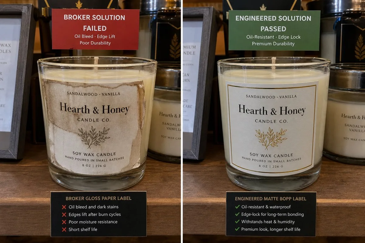 Generic candle label with oil bleed and lifted edges