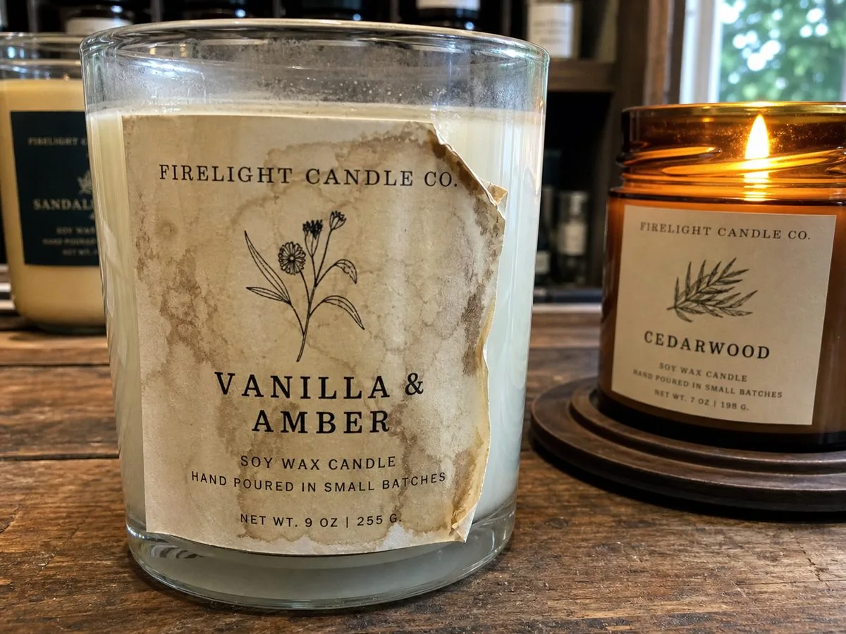 Failed candle label with oil bleed and edge lift
