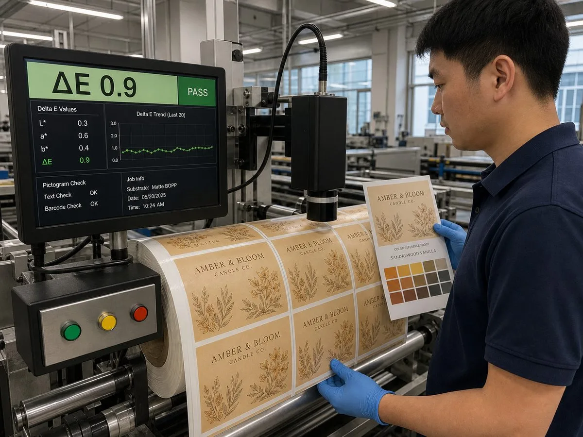 Optical color inspection station for candle label rolls