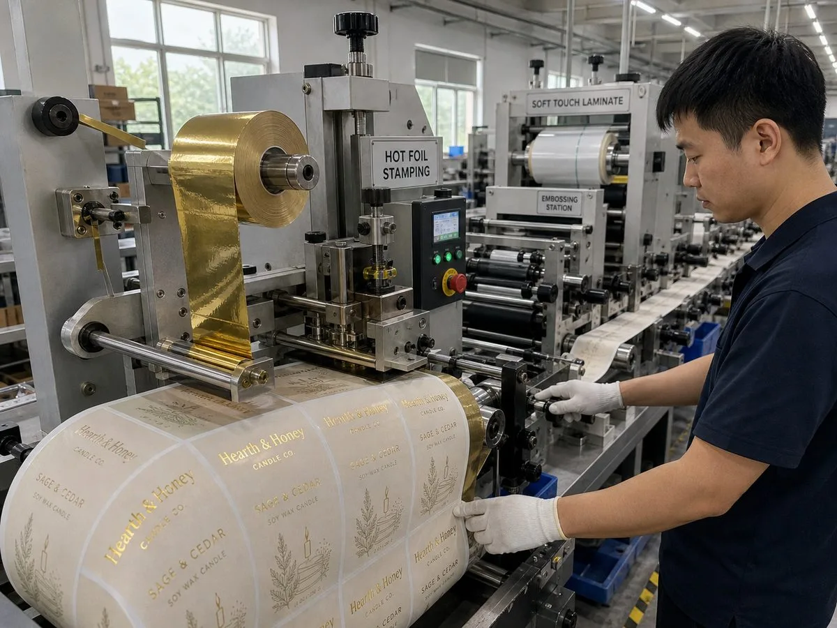 Hot foil finishing station for luxury candle labels