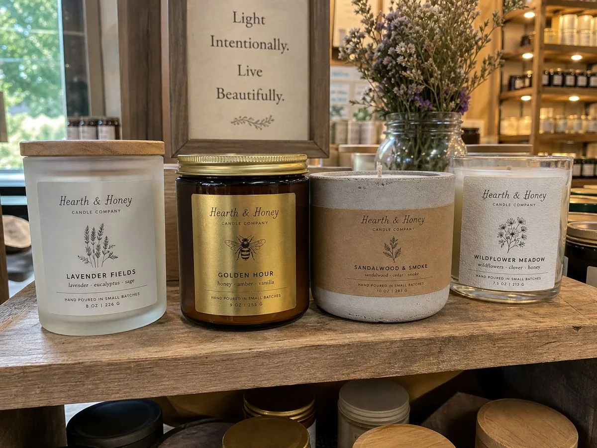 Boutique shelf display of custom candle labels on premium jars