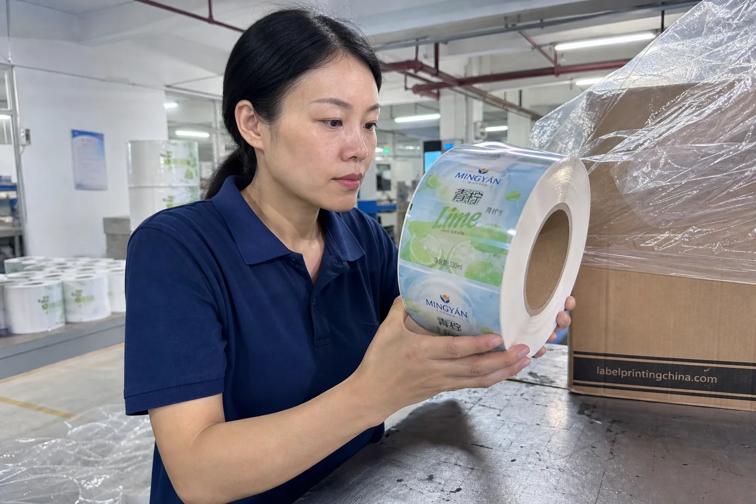 Chinese QC inspects printed face of label roll