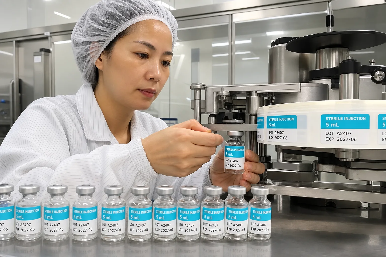 Chinese Technician Applies Small Vial Labels Line