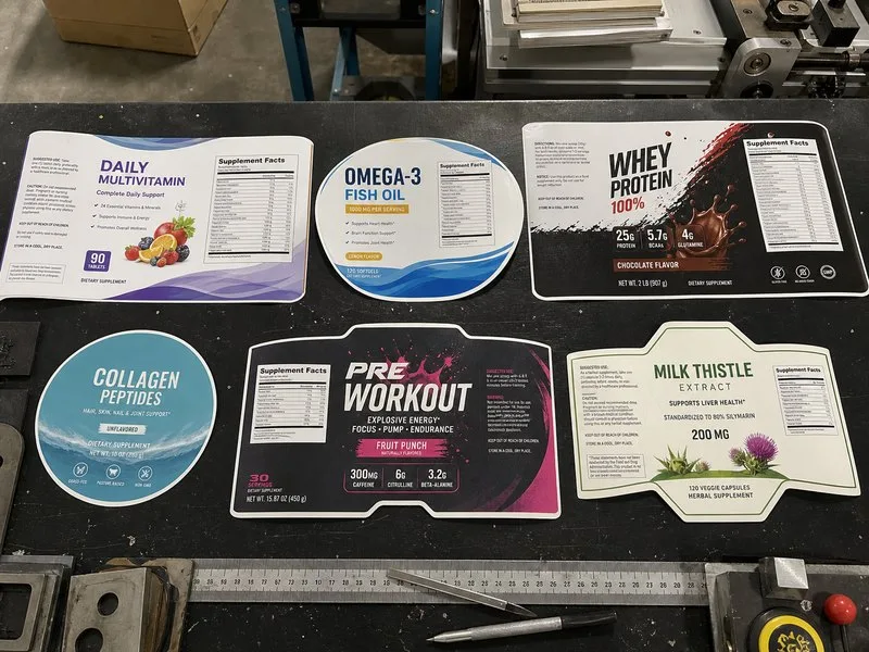 Custom die cut supplement labels in various shapes