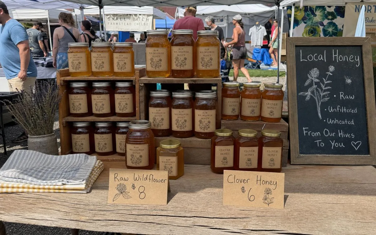 Kraft labels on farmers market honey jars