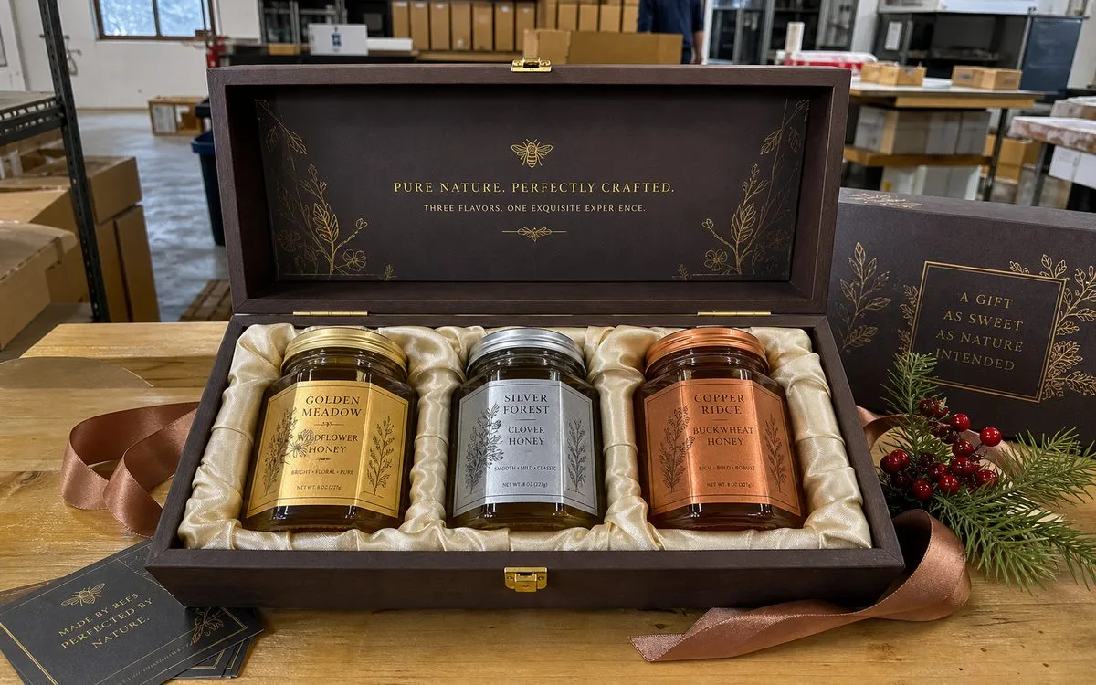 Premium foil labels on honey gift sets