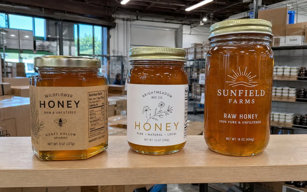 Custom labels on classic glass honey jars