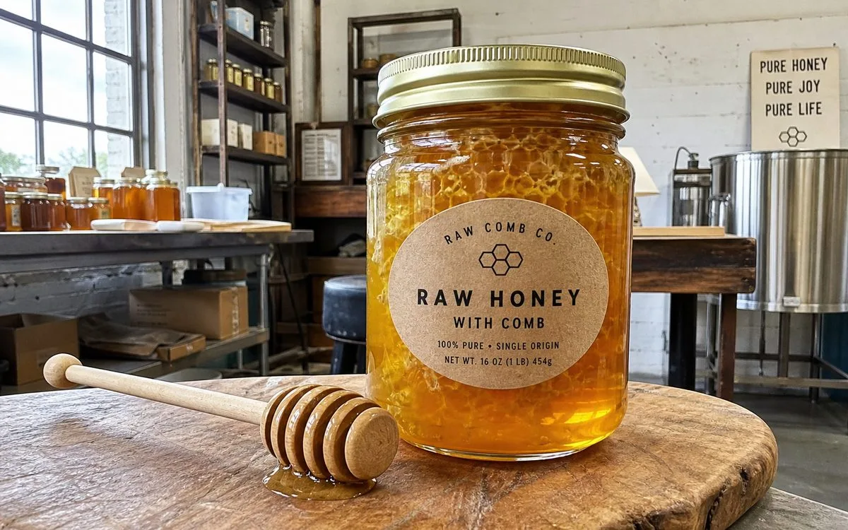 Die-cut labels on raw comb honey jars