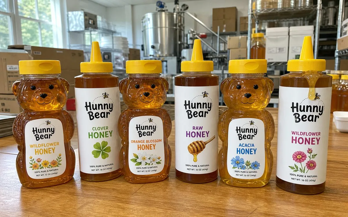 Labels on honey squeeze bottles and bears