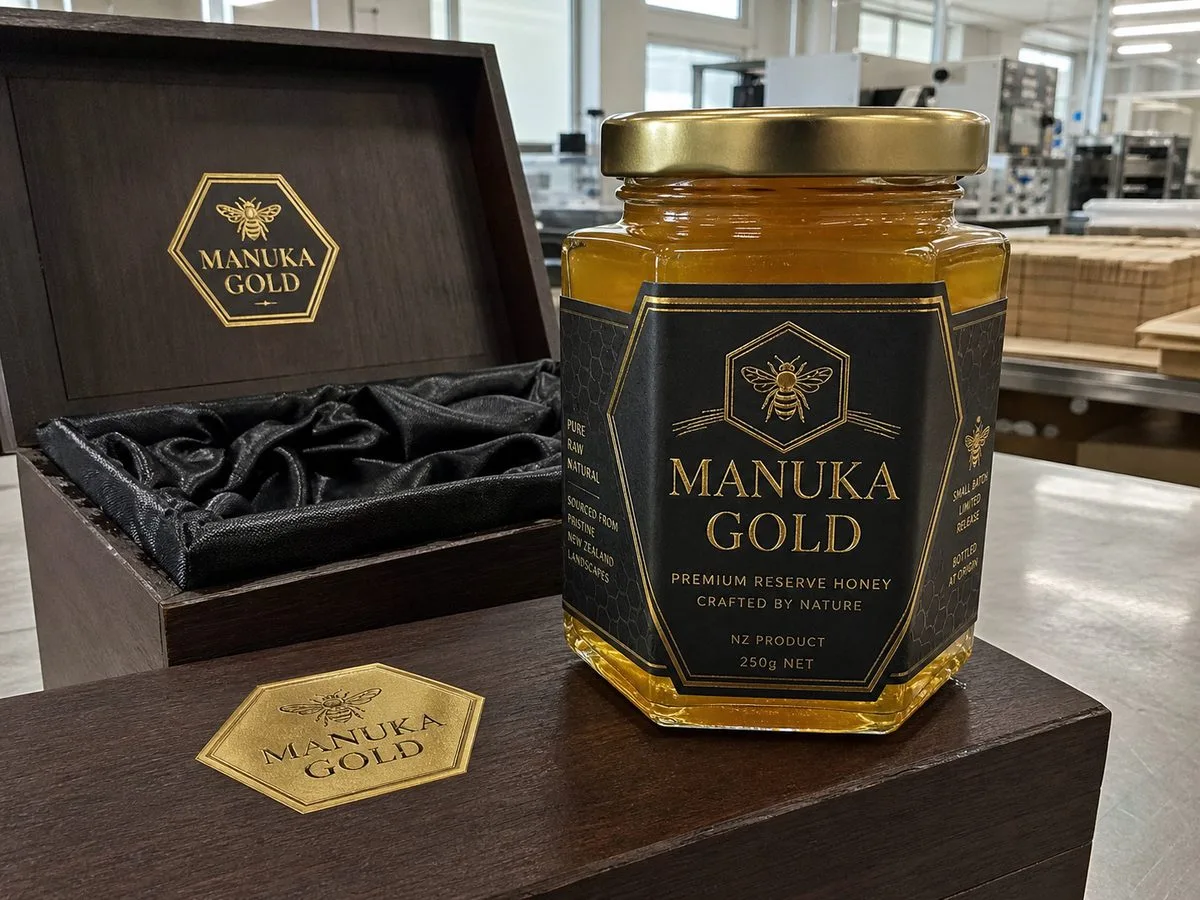 Metallic foil on premium honey gift jar