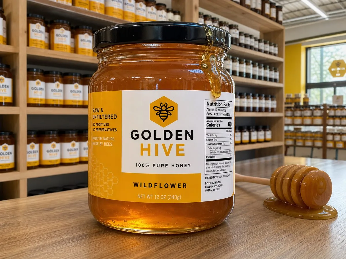 White BOPP honey label on glass jar