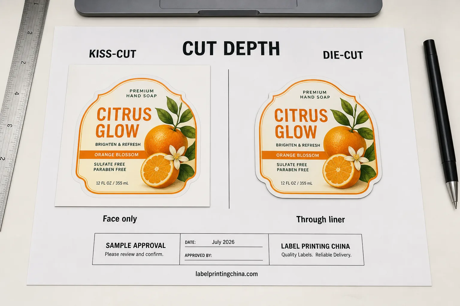 Kiss Cut Vs Die Cut Depth Comparison Board