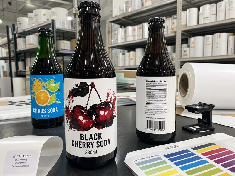 White BOPP beverage label dark bottle